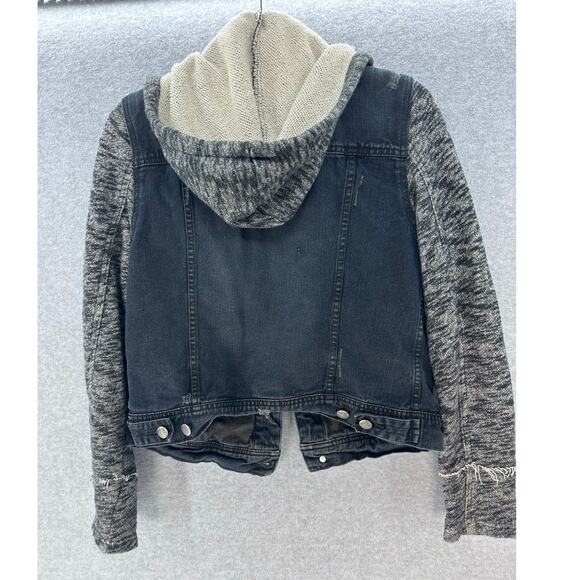 Free People Women's sz M Black Denim and Hooded Sweater Jacket Distressed Cotton - Picture 2 of 10
